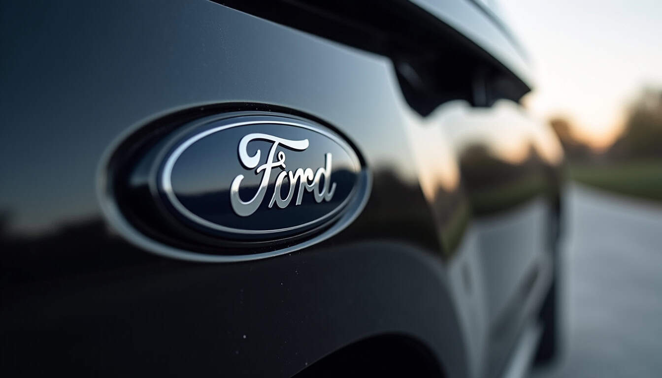 Logo Ford sur une voiture en réparation ou dépannage.