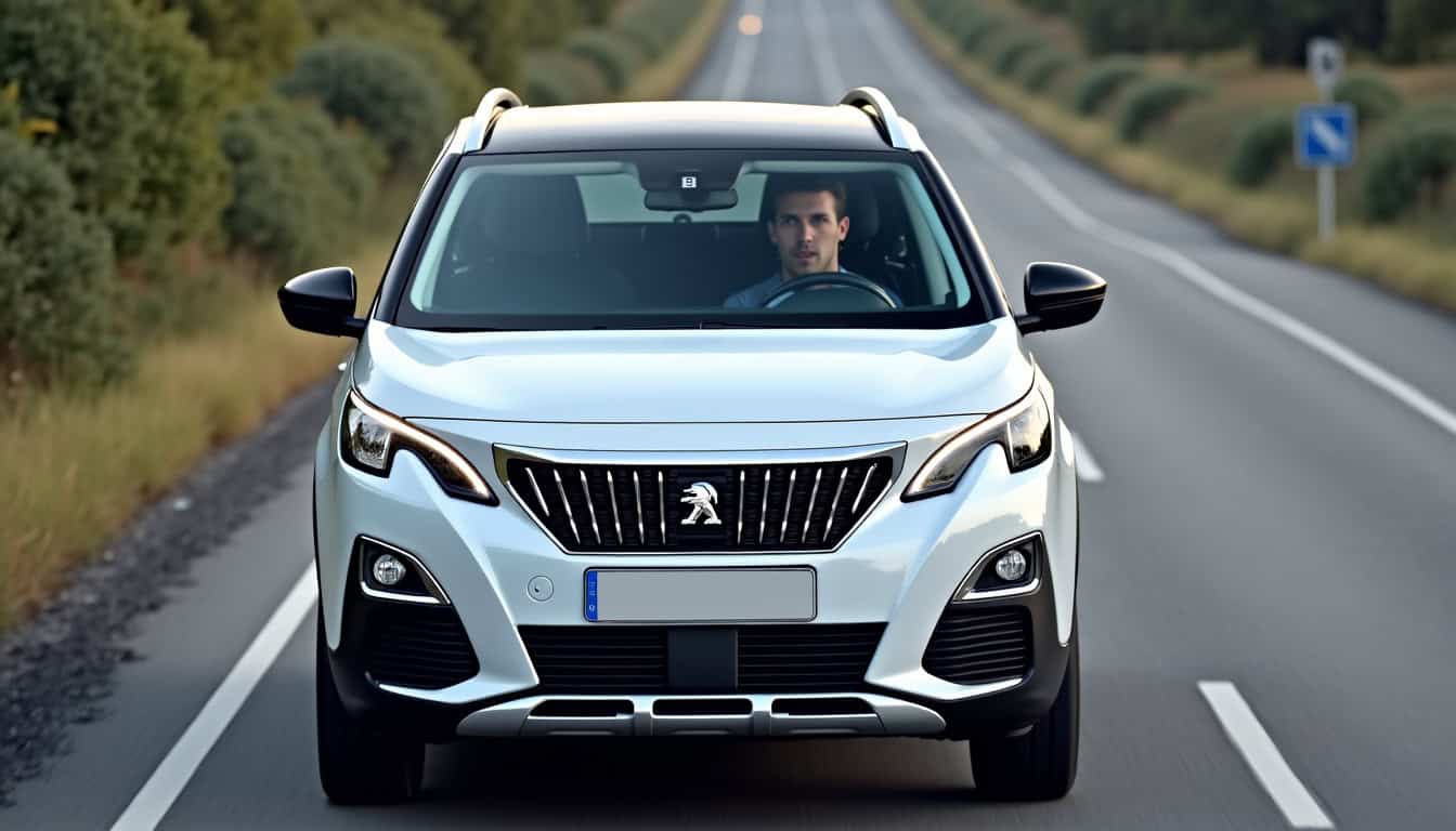Conducteur effectuant un essai routier d’une Peugeot 3008 aux abords de Carcassonne