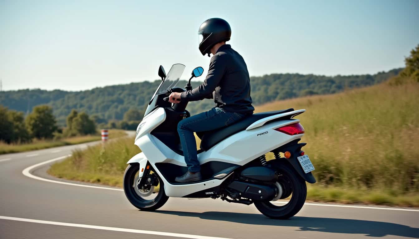 Conducteur testant le Piaggio MP3 400 sur une route de campagne, mettant en valeur sa stabilité et son design