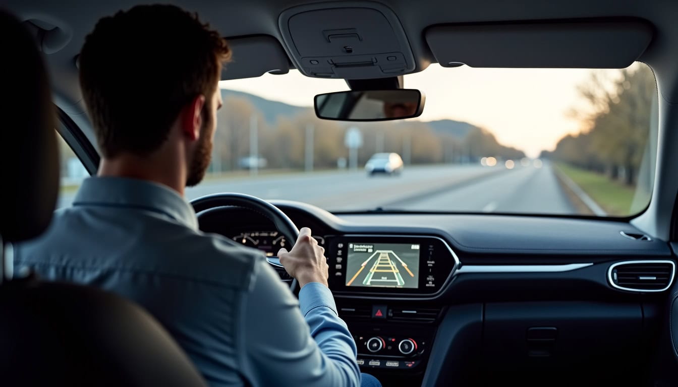 Conducteur utilisant la fonction Park Assist sur un Peugeot 3008, avec affichage de la vue à 360° sur l
