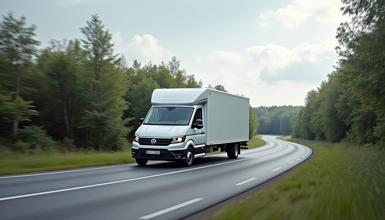 Camion d'épaviste en route sur une route panoramique boisée.