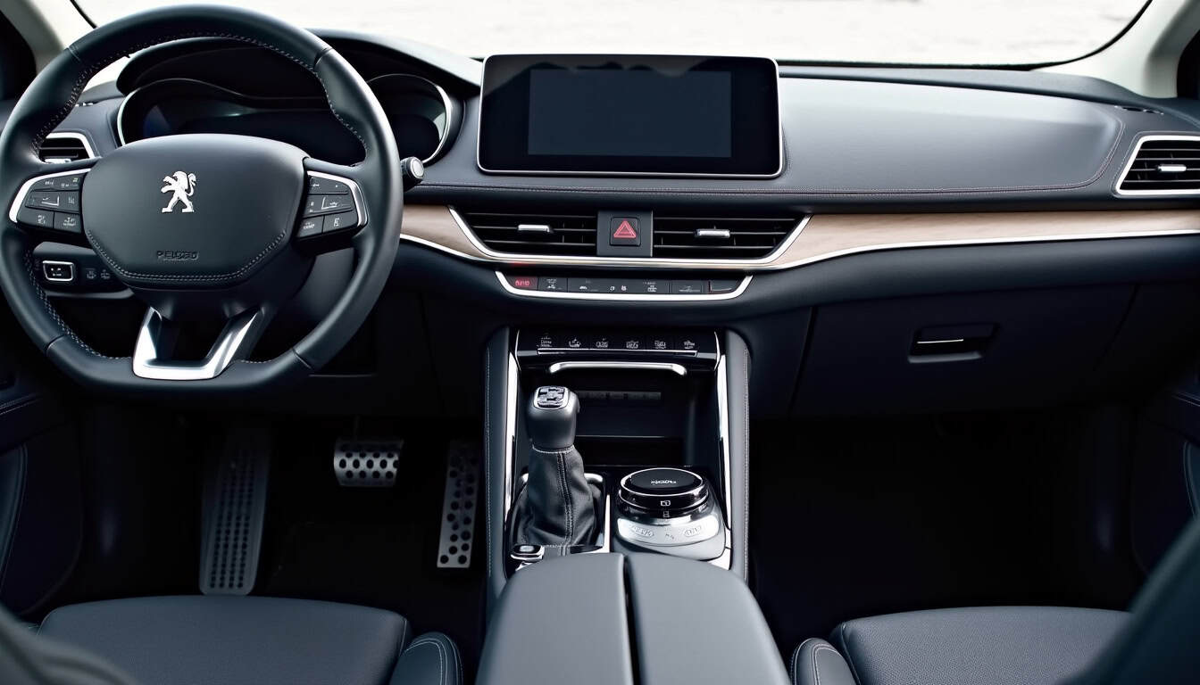 Siège conducteur intérieur Peugeot en voiture moderne, tableau de bord élégant et technologie avancée.