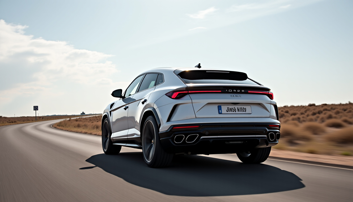 Lamborghini Urus SE hybride 2025 en extérieur sur route sèche, vue de trois-quarts arrière