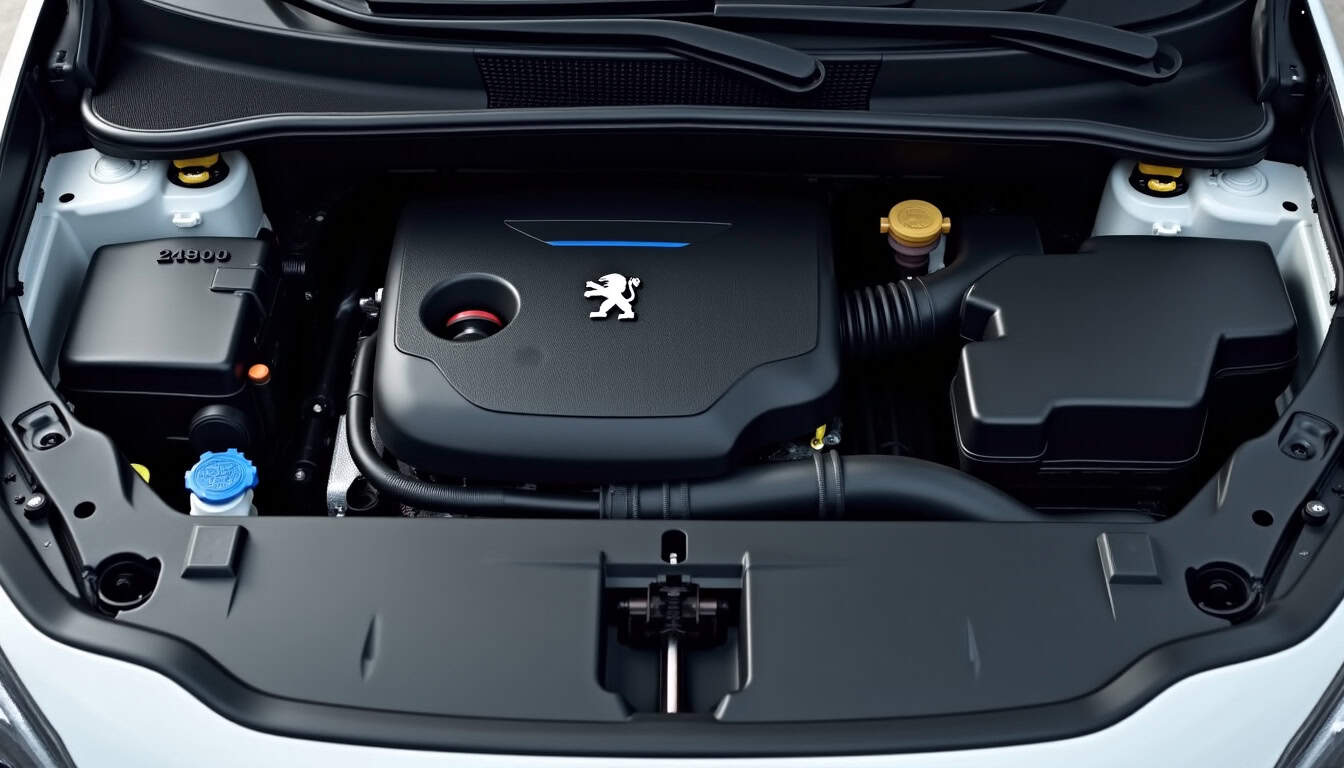 Moteur PureTech 130 installé dans un compartiment moteur de Peugeot 3008, vue détaillée du bloc 3 cylindres