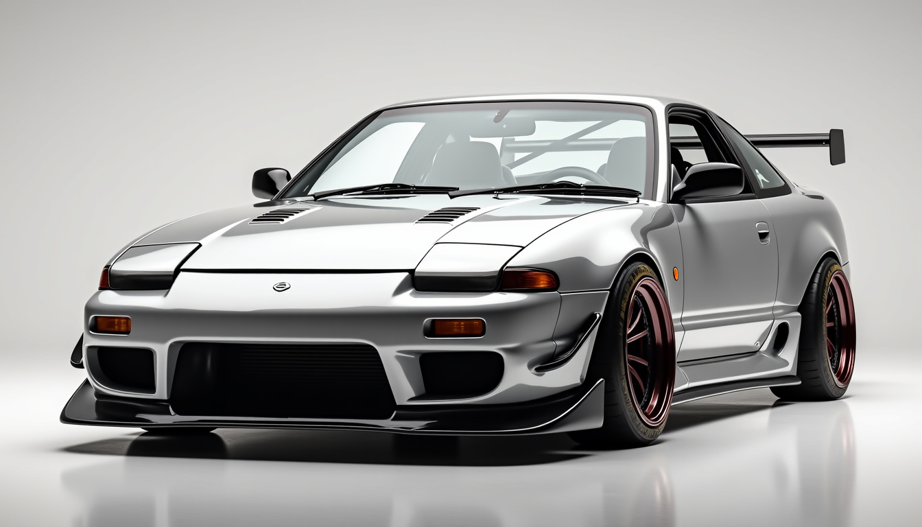 Nissan 240SX modifiée avec kit carrosserie Rocket Bunny, vue de face avec ailes élargies et bouclier avant agressif