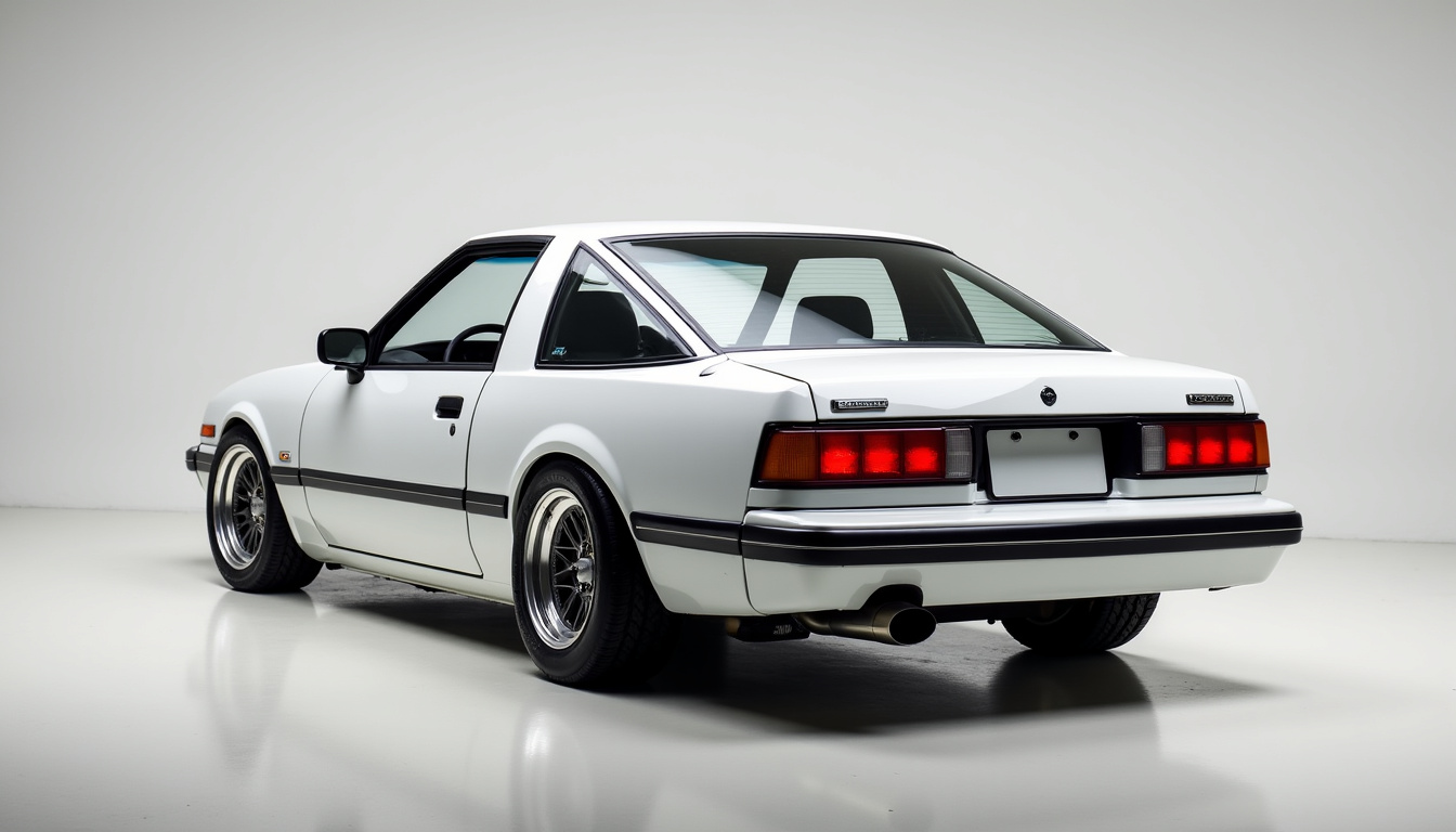 Nissan 240SX S13 en carrosserie coupé avec phares escamotables, vue de face et de trois-quarts arrière