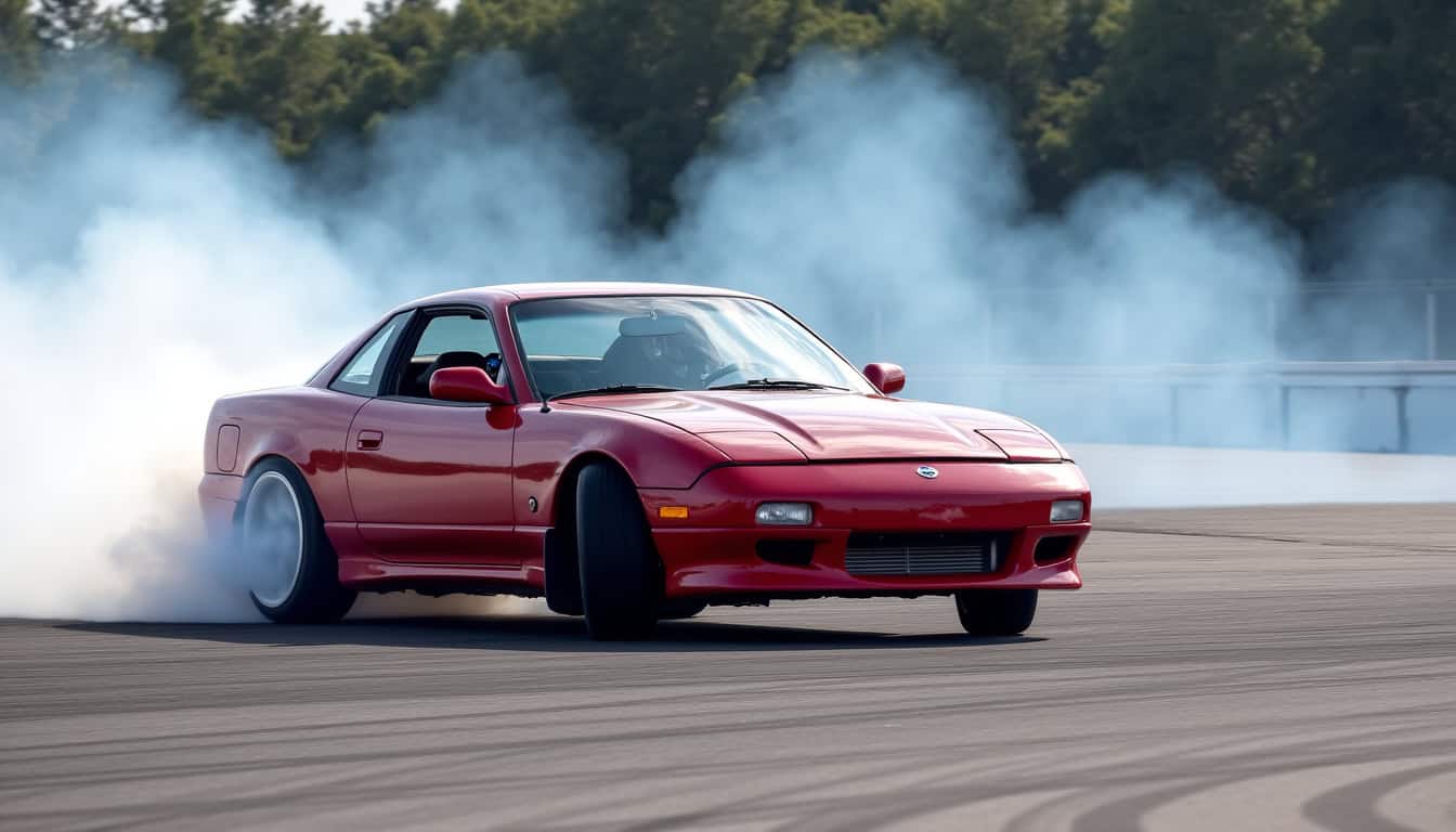 Nissan Silvia S15 en pleine action de drift sur une piste de course, avec dérapage contrôlé et fumée des pneus arrière