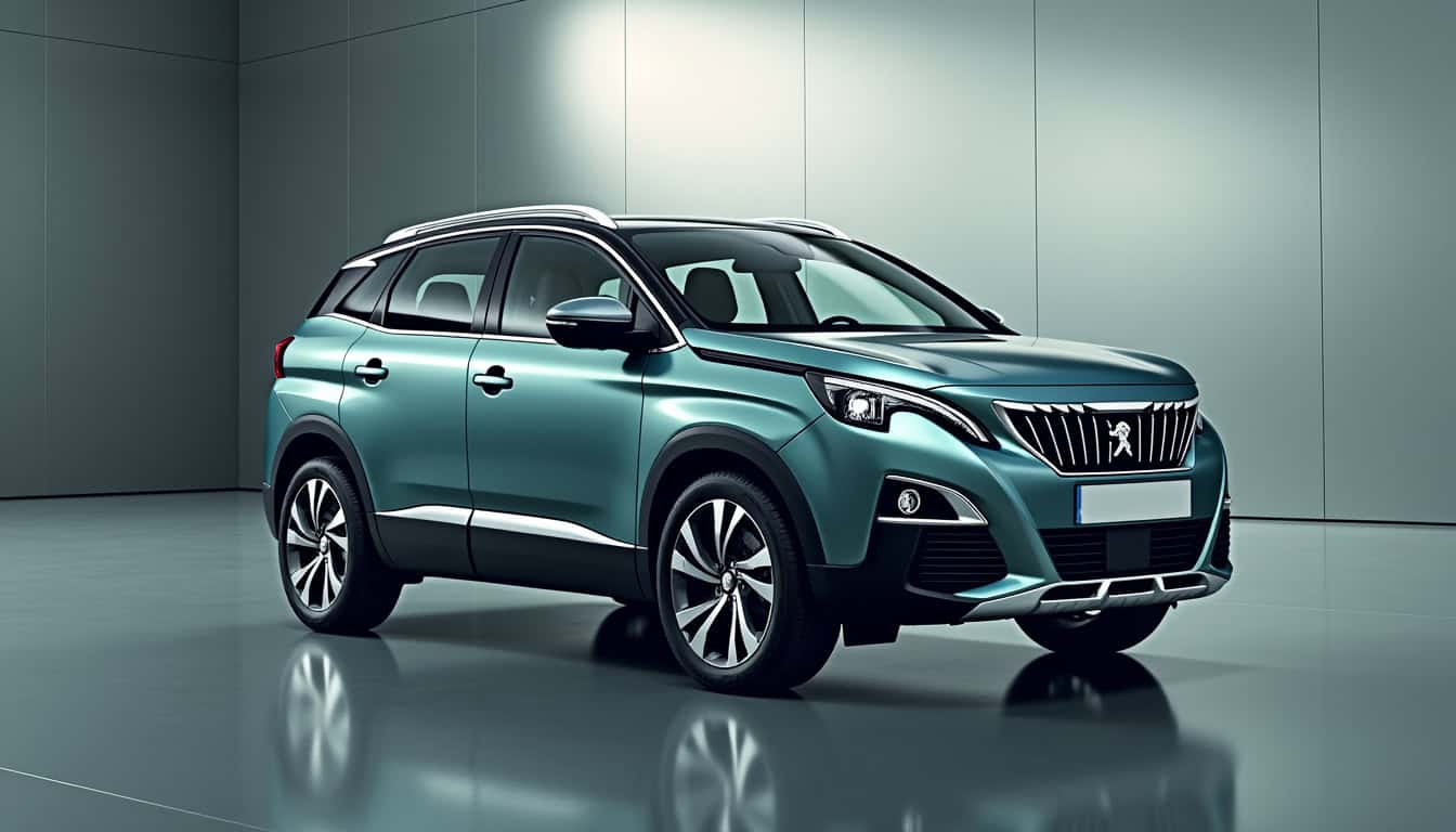Peugeot 3008 en couleur Gris Amazonite sous un éclairage naturel, mettant en valeur les reflets métallisés de la carrosserie