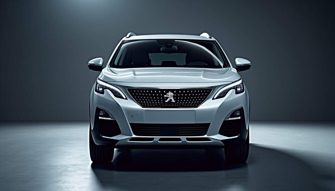 Peugeot 5008 Gris Platinium vu de face en pleine lumière, mettant en valeur les reflets de la carrosserie et les projecteurs LED
