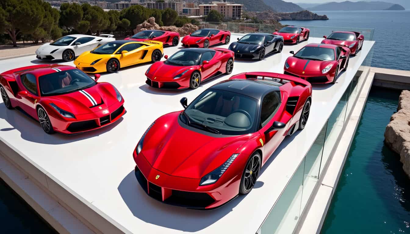 ALT : Collection de voitures Ferrari rouges et jaunes sur une terrasse au bord de la mer.