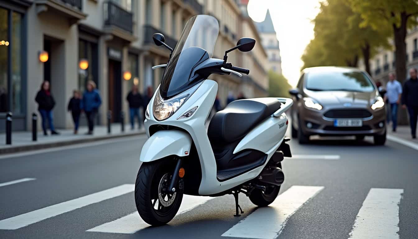 Piaggio MP3 400 stationné en milieu urbain, illustrant sa compacité et son intégration dans le trafic