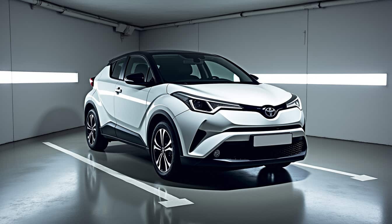 Voiture hybride Toyota dans parking propre et bien éclairé.