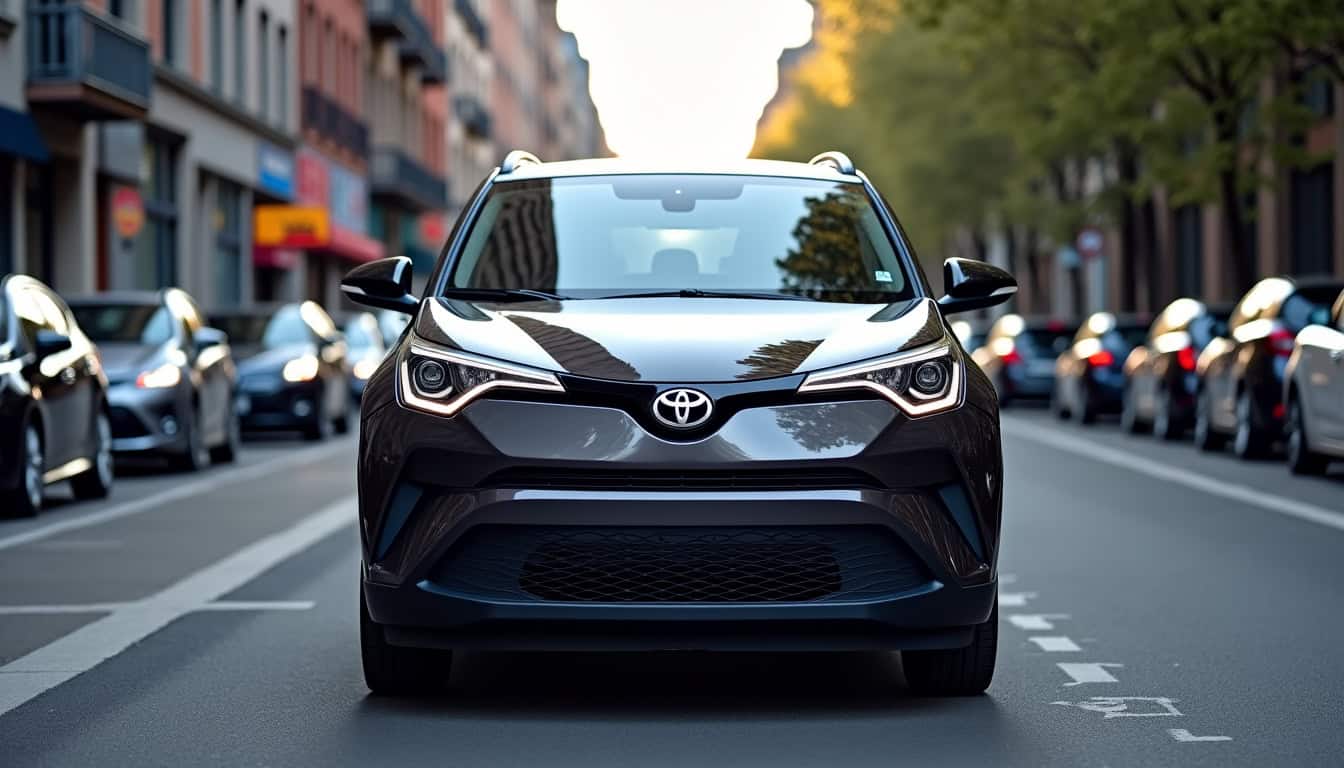 Véhicule Toyota C-HR en train de réaliser un créneau grâce au système Park Assist en milieu urbain