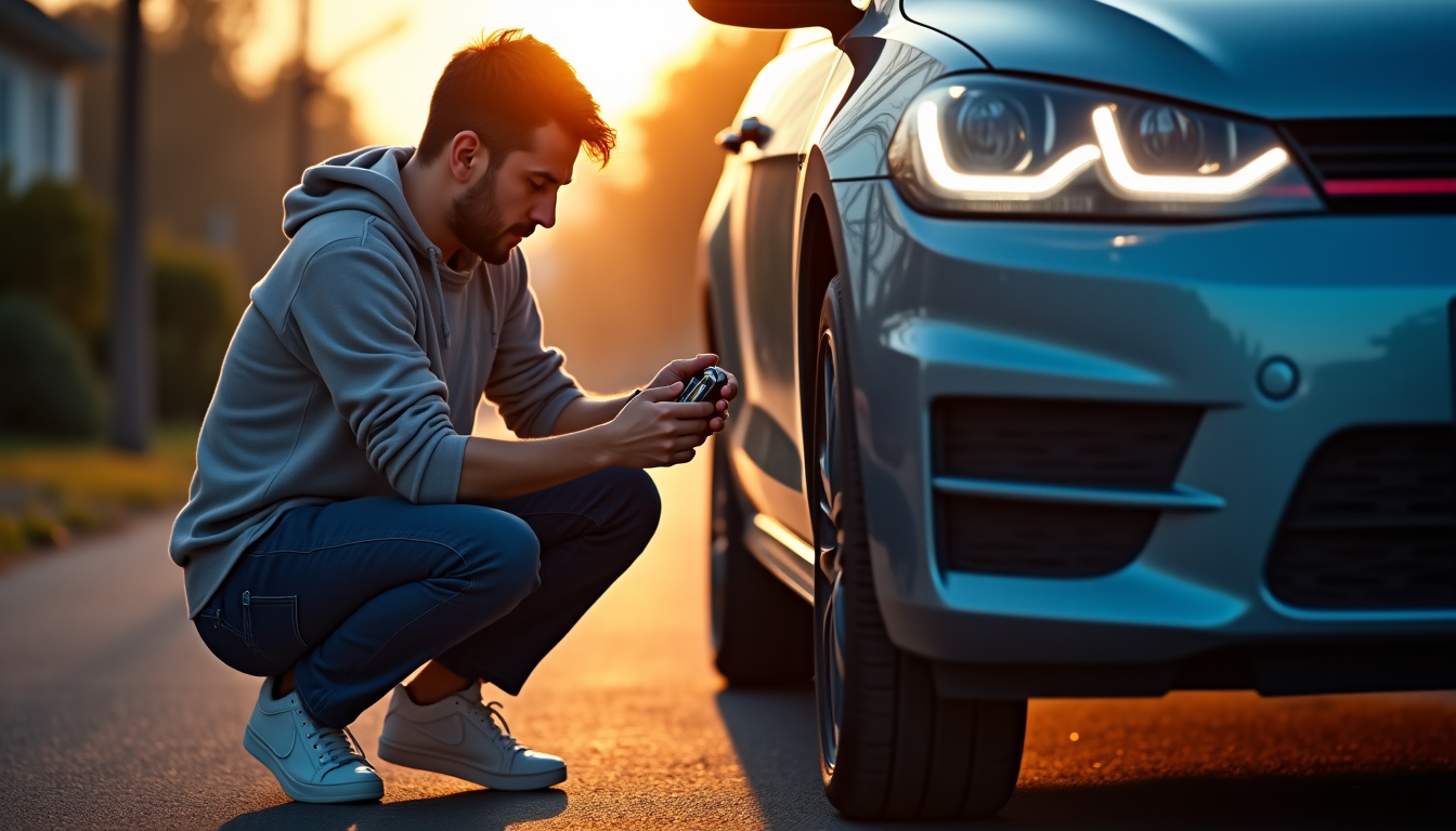 Automobiliste vérifiant les feux et les pneus avant de se rendre au contrôle technique