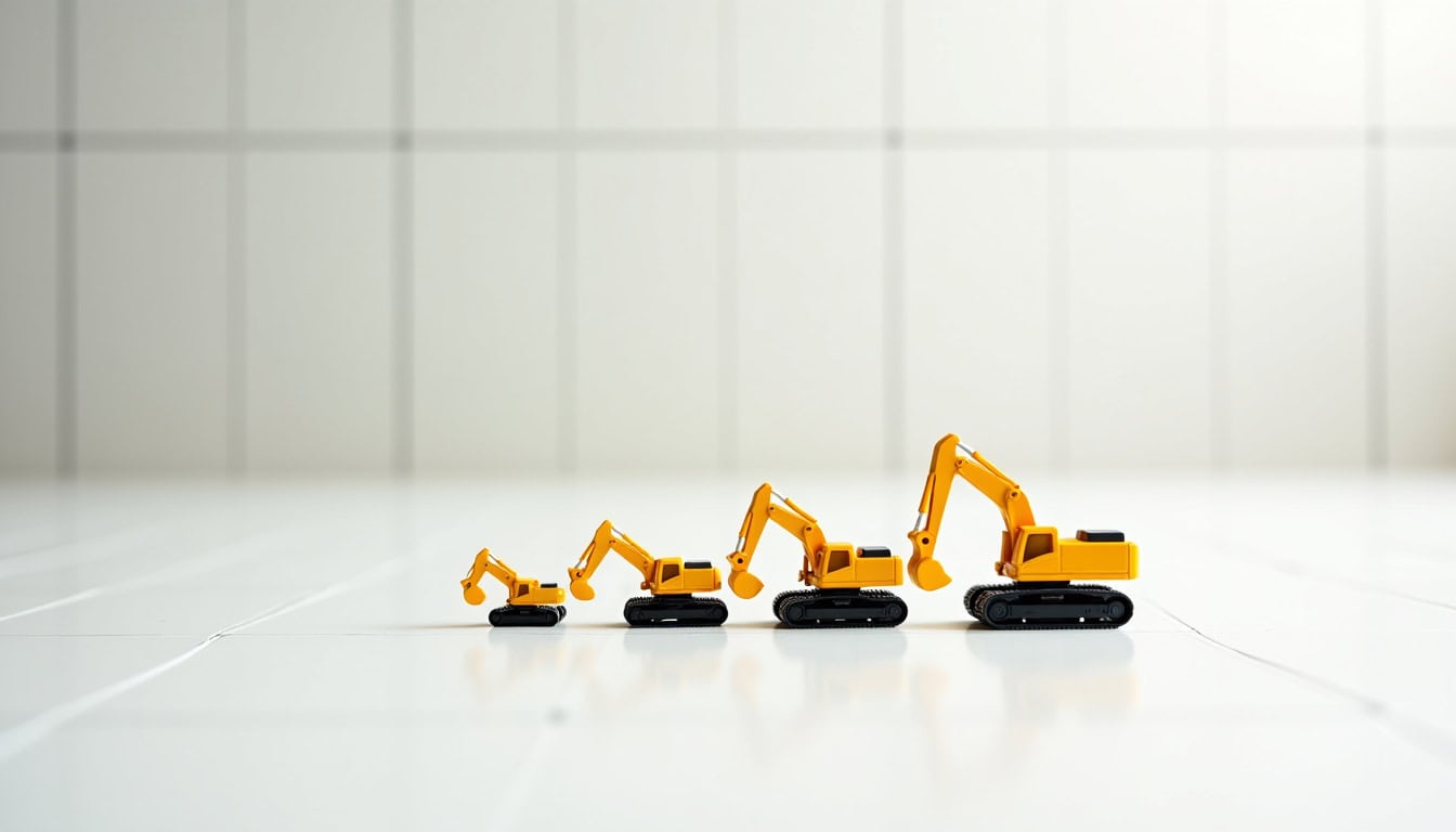 Comparaison visuelle des différents modèles de mini-pelleteuses selon leur taille et leur poids