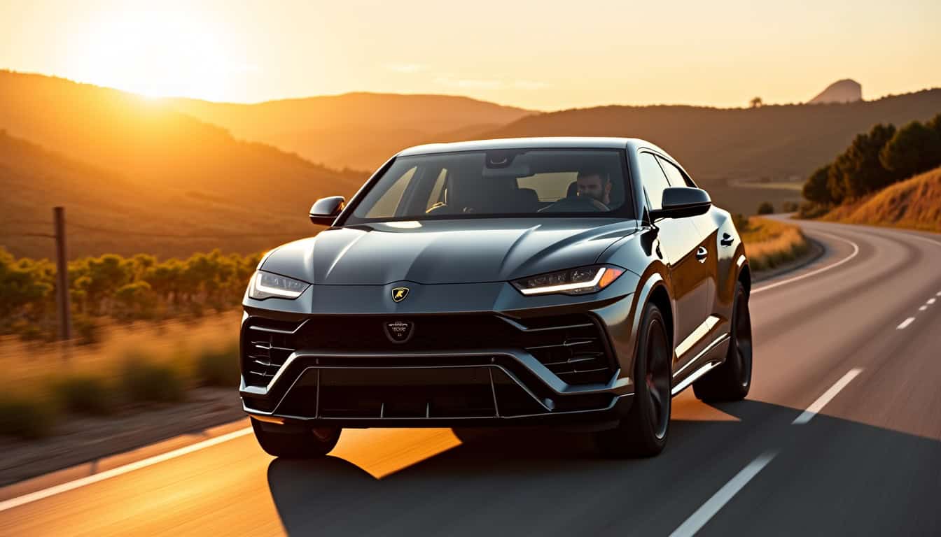 Lamborghini Urus en conduite sur une route de campagne, vue extérieure avec design agressif et lignes dynamiques