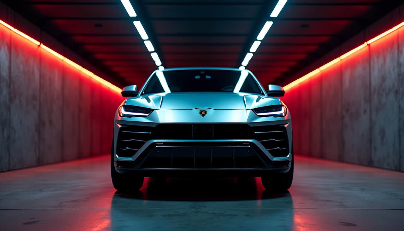 Lamborghini Urus stationnée dans un garage privé sécurisé, éclairage tamisé mettant en valeur le design du véhicule