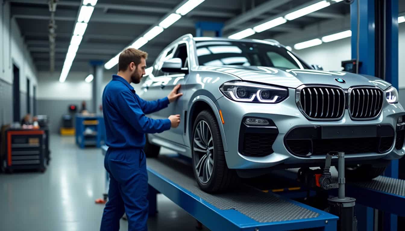 Mécanicien effectuant un réglage de parallélisme professionnel avec des équipements modernes