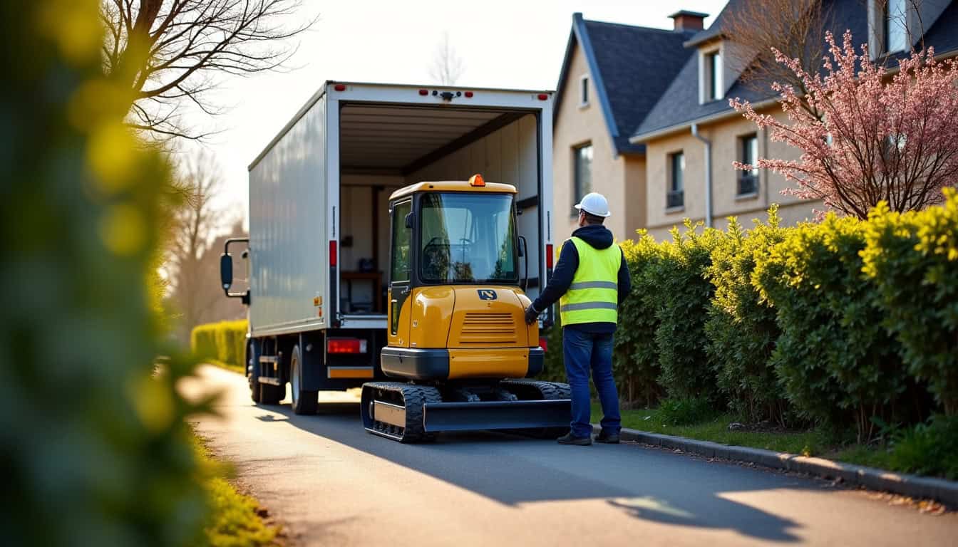 Mini-pelleteuse en train d’être livrée à Angers par un prestataire local