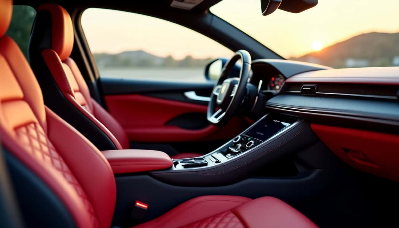 Tableau de bord et intérieur de la Lamborghini Urus, montrant les sièges en cuir, écrans numériques et commandes tactiles