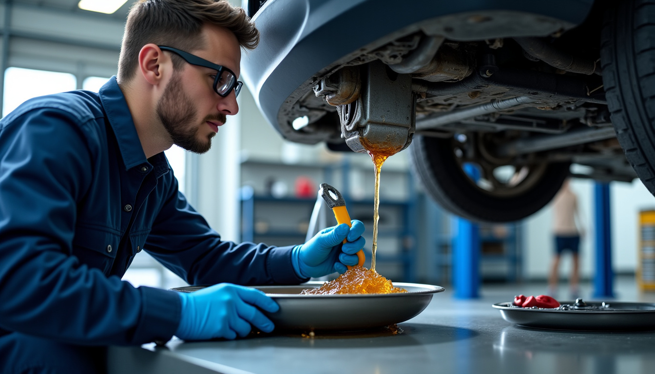 Technicien automobile en train de réaliser une vidange de boîte de vitesses sur un véhicule