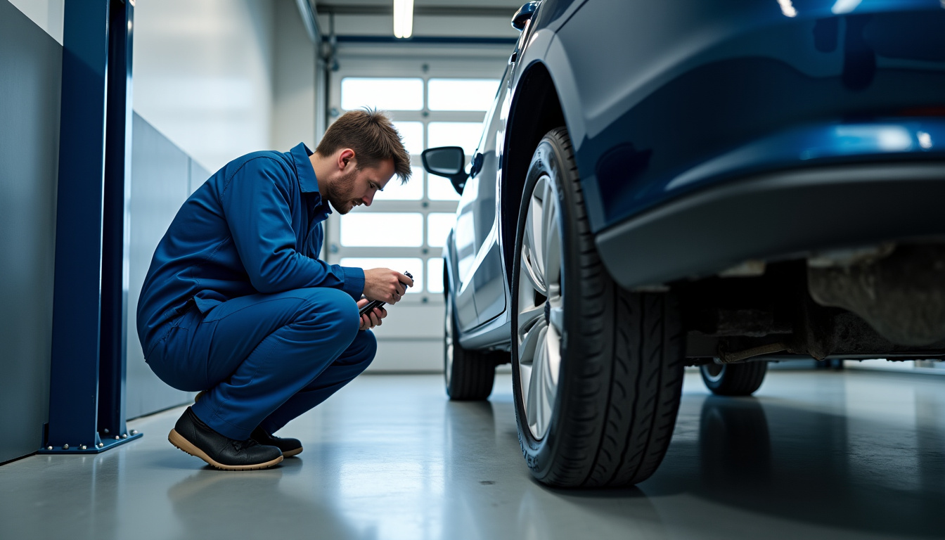 Technicien en train d’inspecter une voiture lors d’un contrôle technique en centre agréé